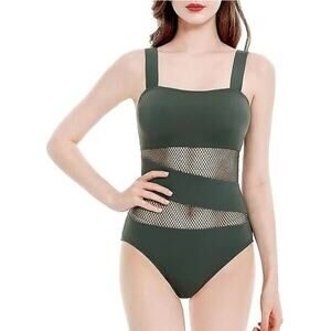 Carmen Marc Valvo Green Mesh Panel One Piece Swimsuit Size 12 Resort Wear NWOT